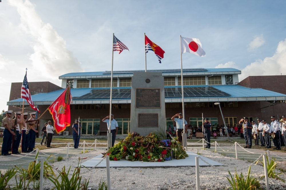 Wreaths enfold the base of the Battle of Tarawa Memorial on Betio Island in the Republic of Kiribati. A ceremony held on 20 November 2018 marked the 75th anniversary of the battle. Photo courtesy of the US Marine Corps/ Sgt. Jacqueline A. Clifford.
