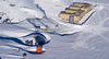 This 2005 photo shows the new Amundsen-Scott South Pole Station (top right) and the old dome station (now dismantled, bottom left). To meet the challenge of drifting snow, the new station is designed with the profile of a sleek airplane wing. It is elevated and faces into the prevailing near-constant 16 to 24 kph (10 to 15 mph) wind, which flows above and below the station. The fast-moving winds beneath the station effectively help scour the area of snow, thereby greatly reducing the need for manual excavation. However, because some snow buildup is inevitable, the building also sits on 36 uniquely designed hydraulic jack columns that allow the 6,040 sq m (65,000 sq ft) structure to be raised in 25 cm (10 in) increments, thereby effectively adding decades to its building life. Image courtesy of the National Science Foundation.