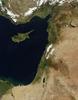 The Levant, the eastern coast of the Mediterranean Sea, is vividly displayed on this satellite image. Cyprus' distinctive shape points to the Gulf of Iskenderun in southern Turkey. Other Levant countries in a clockwise direction are Syria, Lebanon, Israel, and Egypt. Snow appears clearly in the mountains of Turkey (top) and Lebanon (center) and in thin strips in between in the highlands of Syria. Photo courtesy of NASA.
