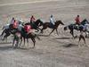 The national game of Kyrgyzstan, Ulak Tartush, is a version of polo played with a headless goat. Note that some of the riders wear old Soviet tank helmets for head protection.
