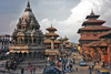 A view of temples in the area of Durbar Square in the historic center of Kathmandu, capital of Nepal. This photograph was taken before the devastating earthquake of 2015, during which many of these buildings were severely damaged or destroyed. 