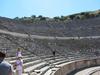 The Great Theater in Ephesus was based on an original Greek structure. In the Roman period, it was expanded under the reigns of Domitian (A.D. 81 to 96) and Trajan (98 to 117). One estimate gives the theater's capacity as 44,000 spectators and as such it would have been the largest in the ancient world. While generally used for theatrical performances and public assemblies, it was also used for gladiatorial contests in the later imperial period. 