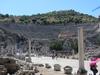 The Great Theater in Ephesus was based on an original Greek structure. In the Roman period, it was expanded under the reigns of Domitian (A.D. 81 to 96) and Trajan (98 to 117). One estimate gives the theater's capacity as 44,000 spectators and as such it would have been the largest in the ancient world. While generally used for theatrical performances and public assemblies, it was also used for gladiatorial contests in the later imperial period.